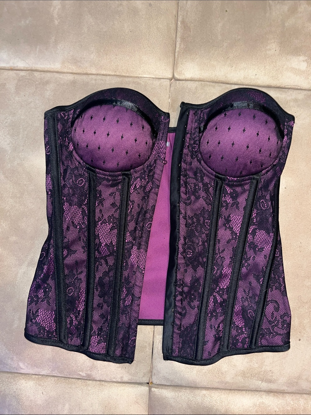 Charlotte Russe Purple Lace Corset Bustier with Black Lace Overlay